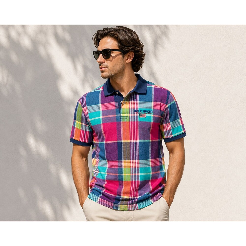 Polo Sport Ralph Lauren Men XL Plaid Polo Shirt Multicolor Custom Slim Fit USA